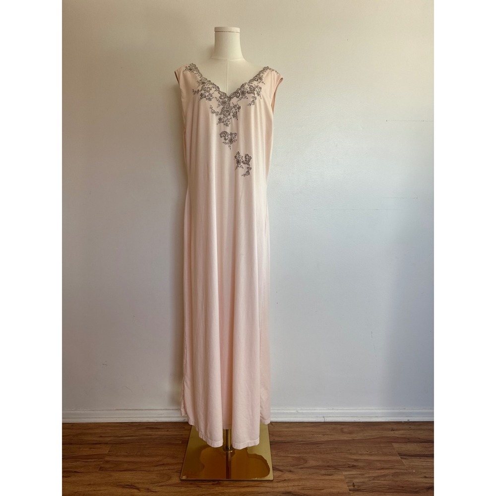 Soft Surroundings Pink Embroidered Floral Maxi Nightgown XL Coquette Sleepwear